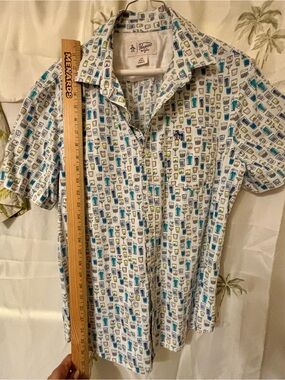 Original Penguin Short-Sleeve Button-Unless p Shirt in White with Blue Print
